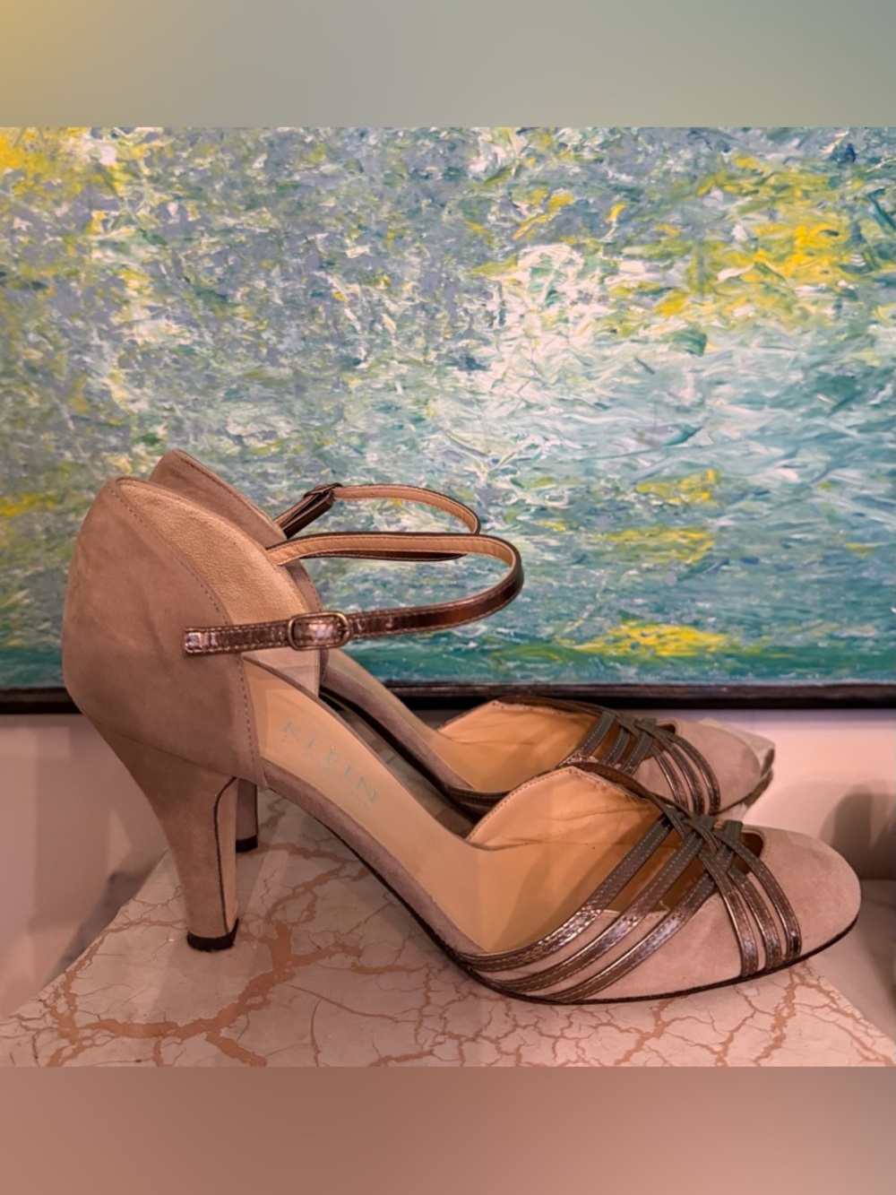 Anne Klein Taupe Suede and Metallic Strappy Heels